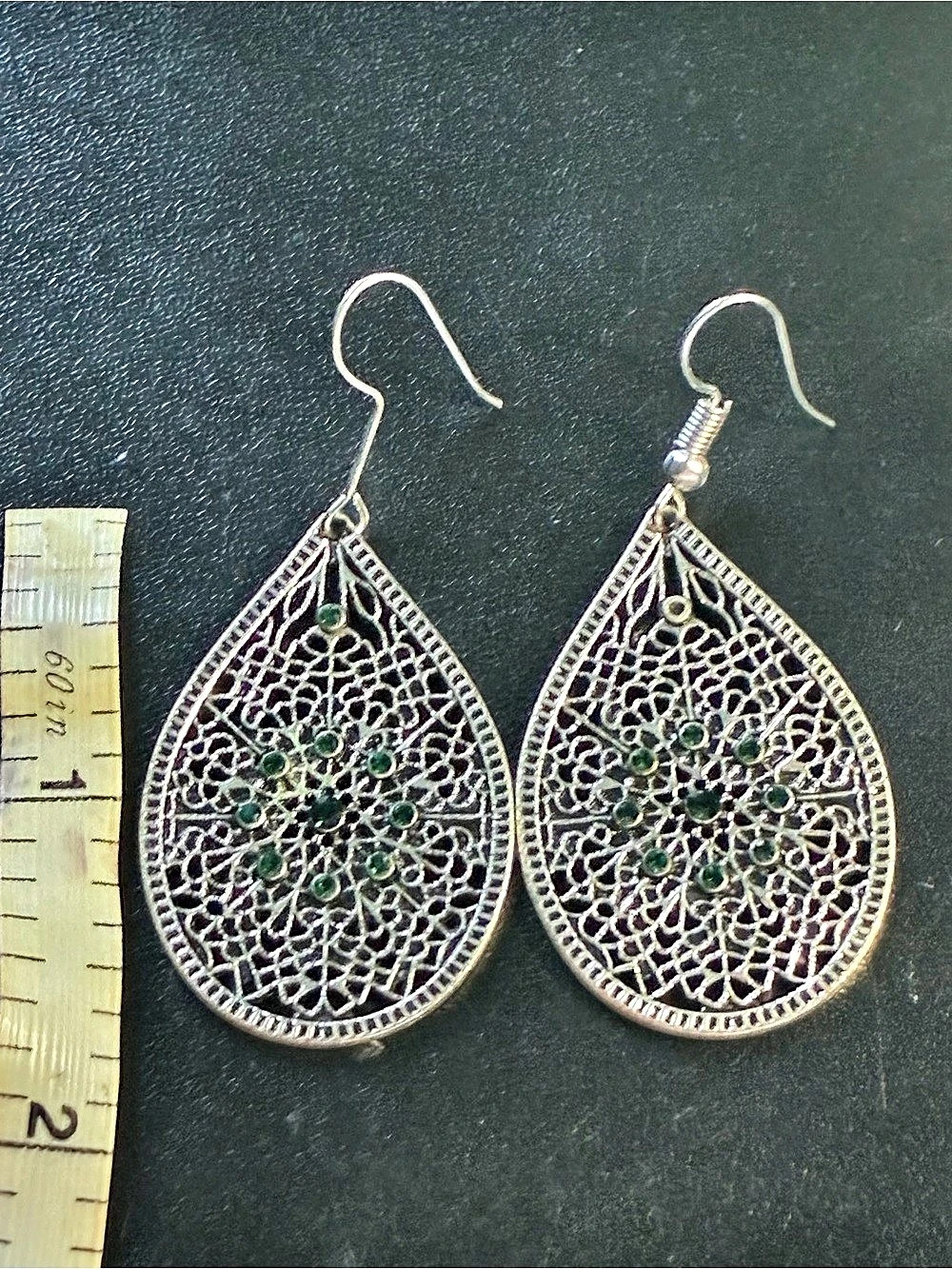 Filigree Teardrop Earrings in Silver & Green Like New